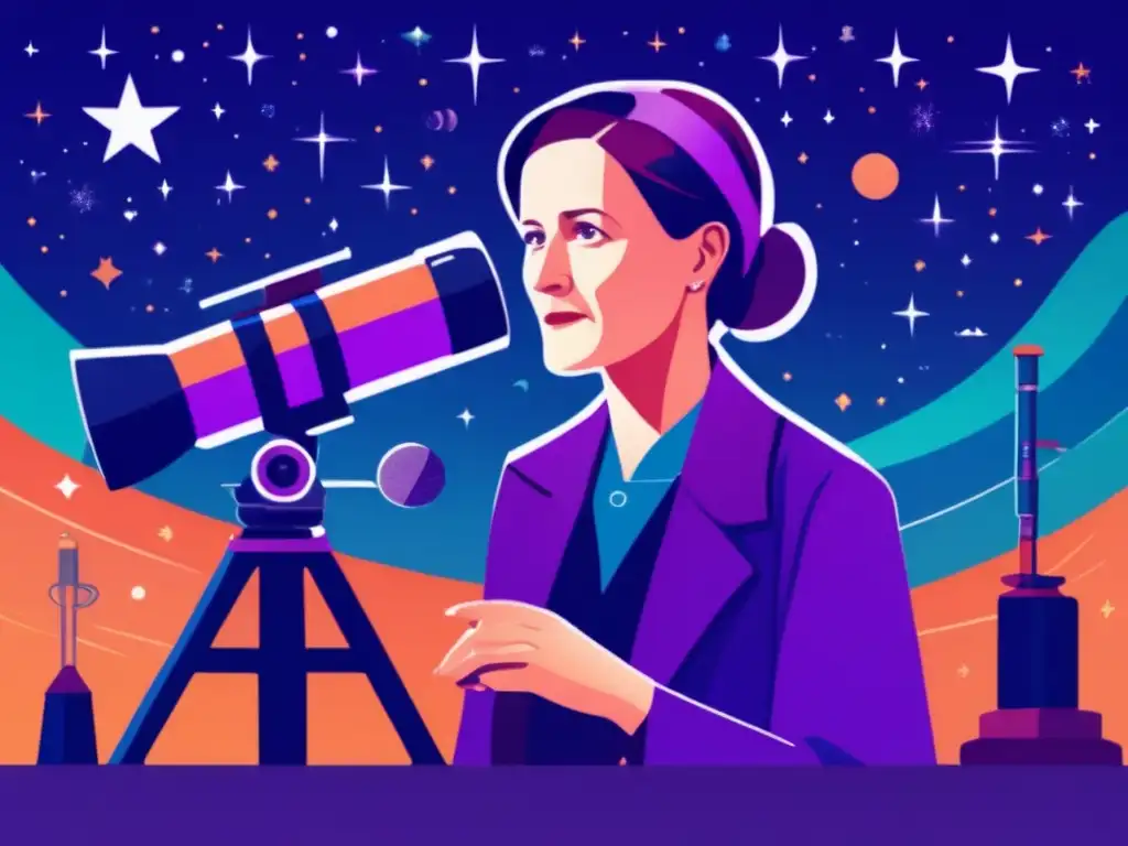 Una ilustración digital moderna de Cecilia Payne rodeada de telescopios y estrellas, con una estética científica y profesional