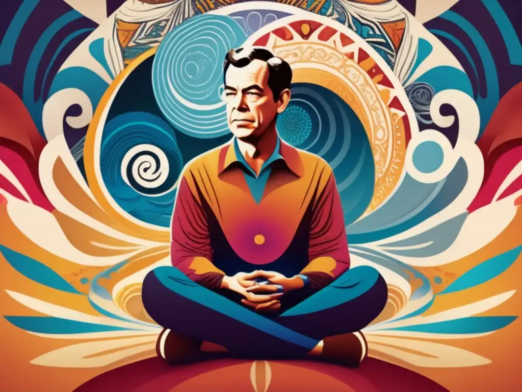 Una ilustración digital moderna de Joseph Campbell rodeado de patrones abstractos que representan mitos y símbolos culturales