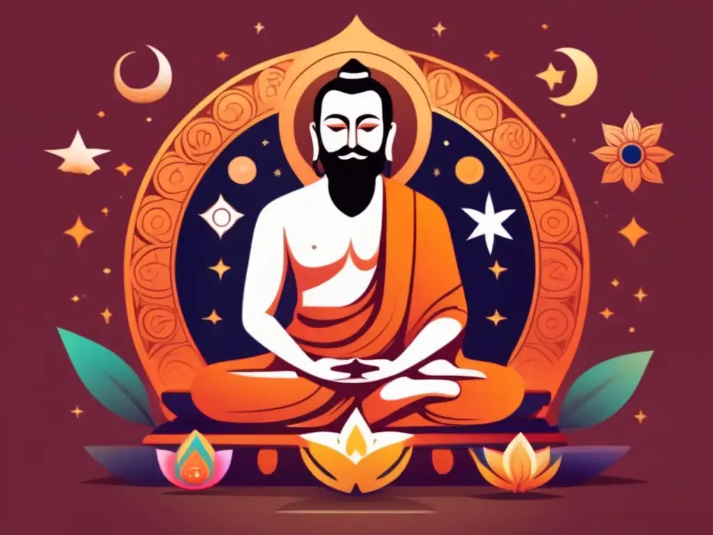 Una ilustración digital moderna y serena de Sri Ramakrishna en postura meditativa, rodeado de símbolos religiosos que representan diversas tradiciones