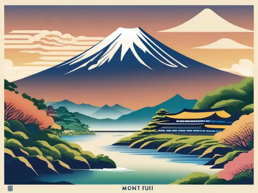 Una ilustración digital de alta resolución del Monte Fuji, con detalles intrincados del paisaje, arquitectura japonesa tradicional y un río sereno