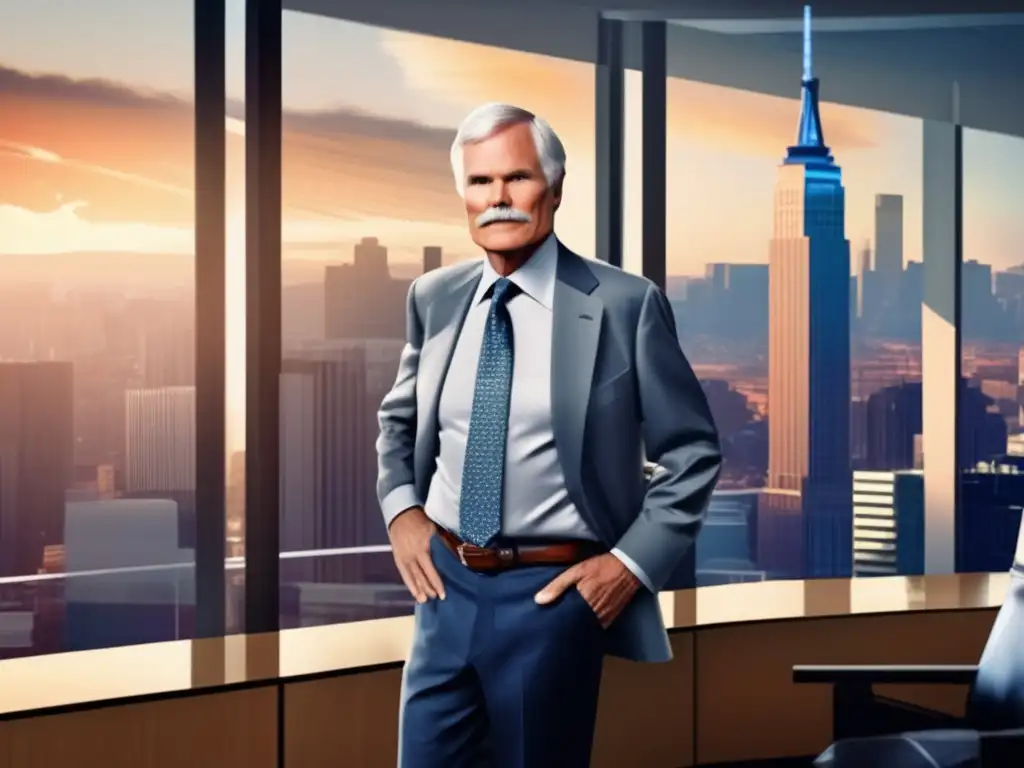 En la ilustración digital de alta resolución, Ted Turner irradia determinación en su oficina moderna, rodeado de tecnología y una dinámica ciudad