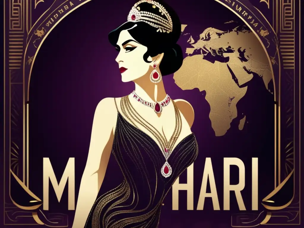 En una ilustración digital de alta resolución, Mata Hari se encuentra en una pose glamorosa y misteriosa, rodeada de mensajes codificados y herramientas de espionaje en una habitación tenue