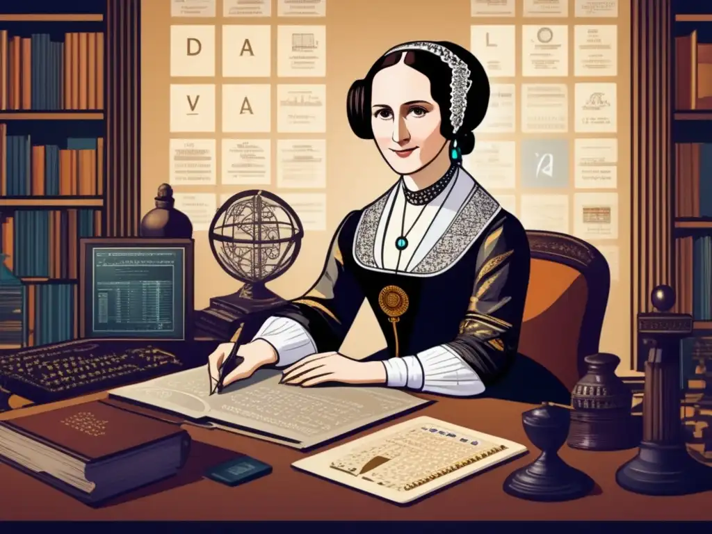 En la ilustración digital, Ada Lovelace, primera programadora histórica, aparece rodeada de fórmulas matemáticas y prototipos de computadoras