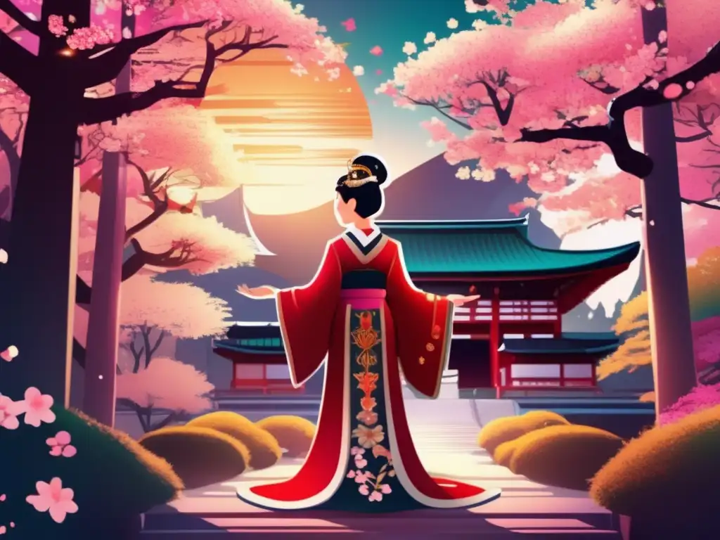Una ilustración digital de alta resolución de la Reina Himiko, líder chamanista de Japón, en un exuberante bosque místico con árboles de cerezo vibrantes y arquitectura japonesa antigua