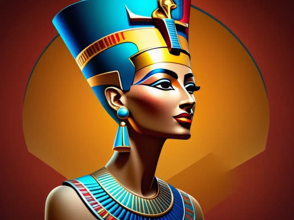 Una representación digital de alta resolución de la icónica escultura de la reina Nefertiti, mostrando sus rasgos regios y tocado adornado con colores vibrantes y luz sutil, fusionando pasado y presente en una impresionante exhibición de belleza y poder del antiguo Egipto