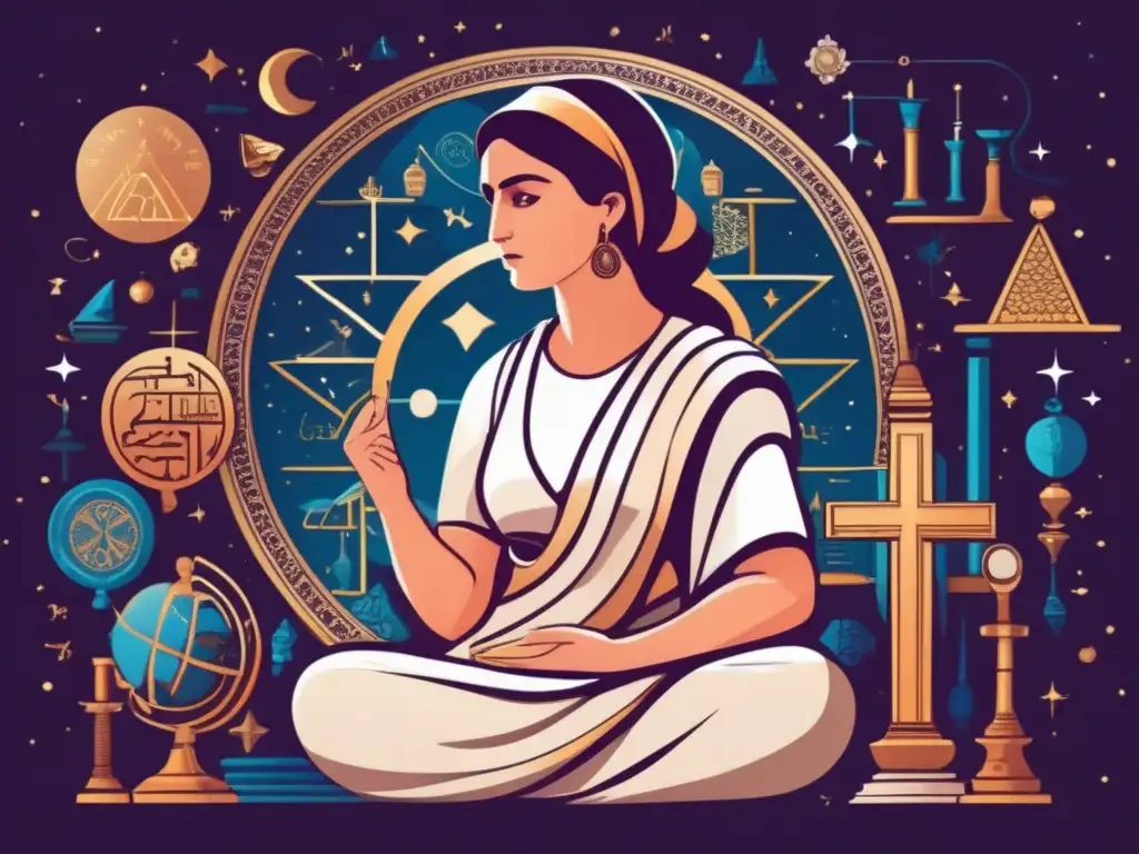 Una ilustración digital de alta resolución muestra a la antigua filósofa Hipatia de Alejandría inmersa en profunda contemplación, rodeada de símbolos religiosos e instrumentos científicos