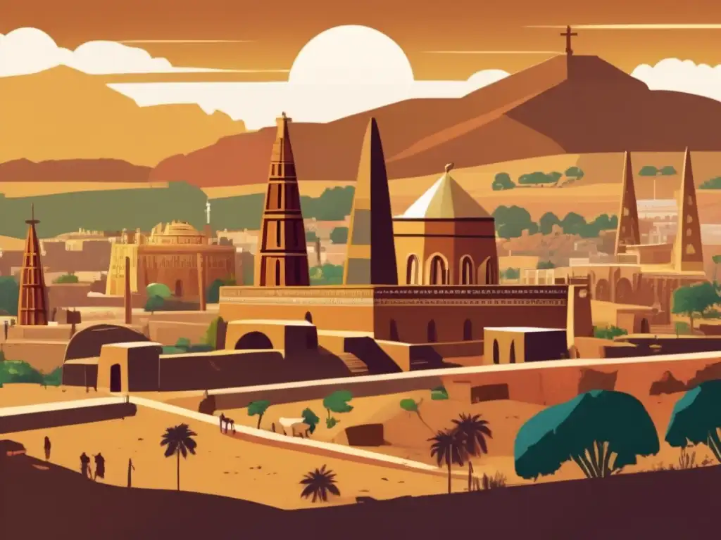 Una ilustración digital de alta resolución del antiguo Reino de Axum, mostrando obeliscos imponentes, bulliciosos mercados y ornamentadas iglesias cristianas