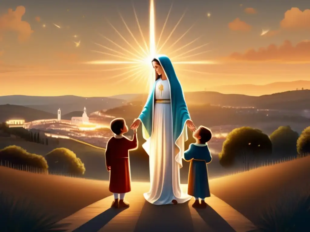 Una ilustración digital de alta resolución muestra la aparición mariana en Fátima, con los niños mirando con asombro a la Virgen María en medio de un resplandor radiante, en el campo portugués
