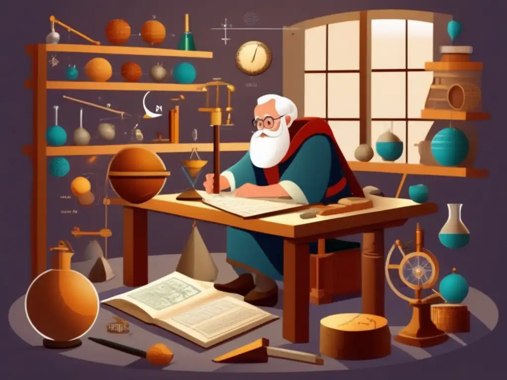 En la ilustración digital de alta resolución, Archimedes se encuentra en su taller rodeado de instrumentos científicos y diagramas matemáticos