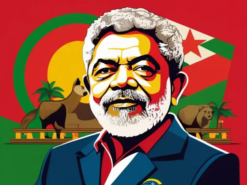 Una ilustración digital de alta resolución muestra a Lula da Silva con la bandera brasileña de fondo, rodeado de símbolos de poder político