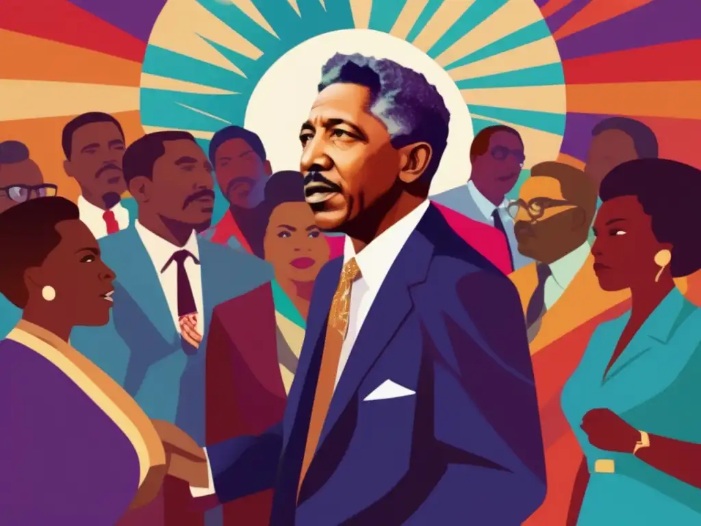 Una ilustración digital de alta resolución muestra a Bayard Rustin planeando con líderes de derechos civiles, destacando la intensidad y determinación del movimiento