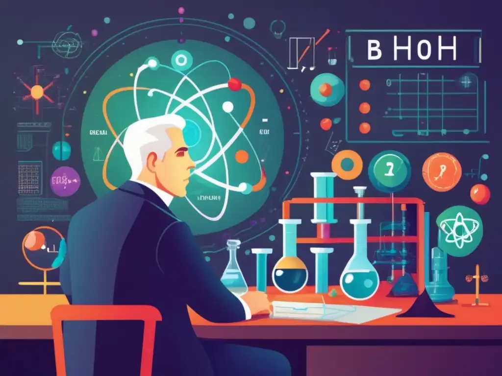 Una ilustración digital de alta resolución muestra a Niels Bohr en su laboratorio, inmerso en sus teorías de mecánica cuántica