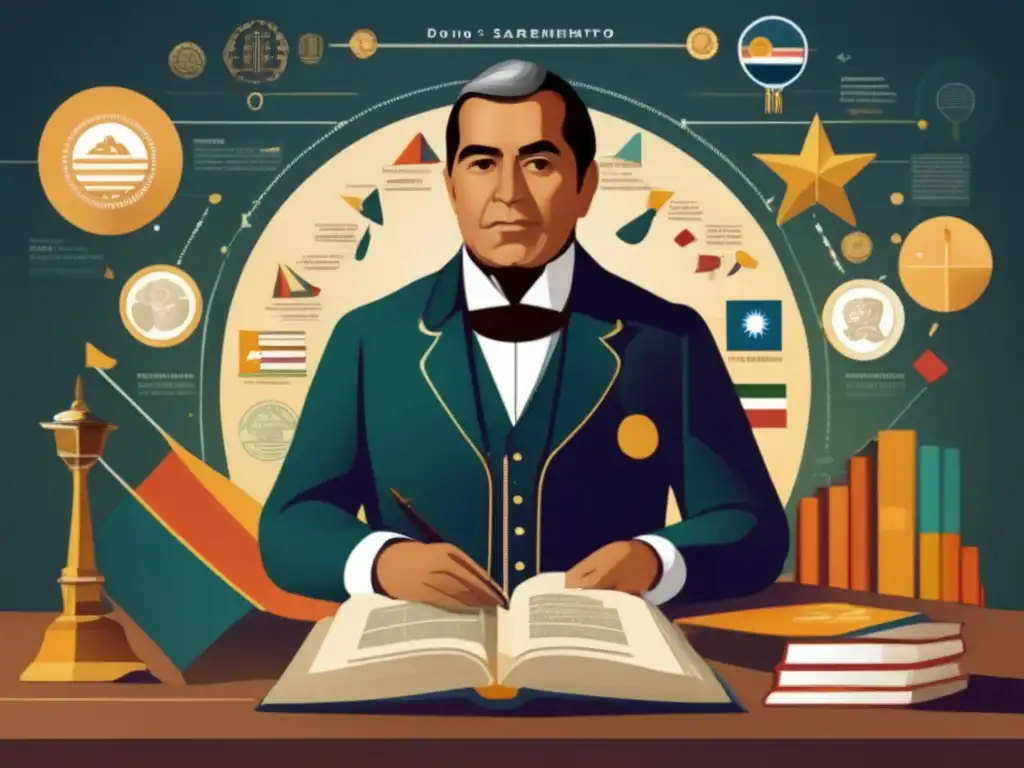 Una ilustración digital de alta resolución representa a Domingo Sarmiento rodeado de símbolos económicos y gráficos, reflejando la integración de sus principios económicos en la sociedad argentina