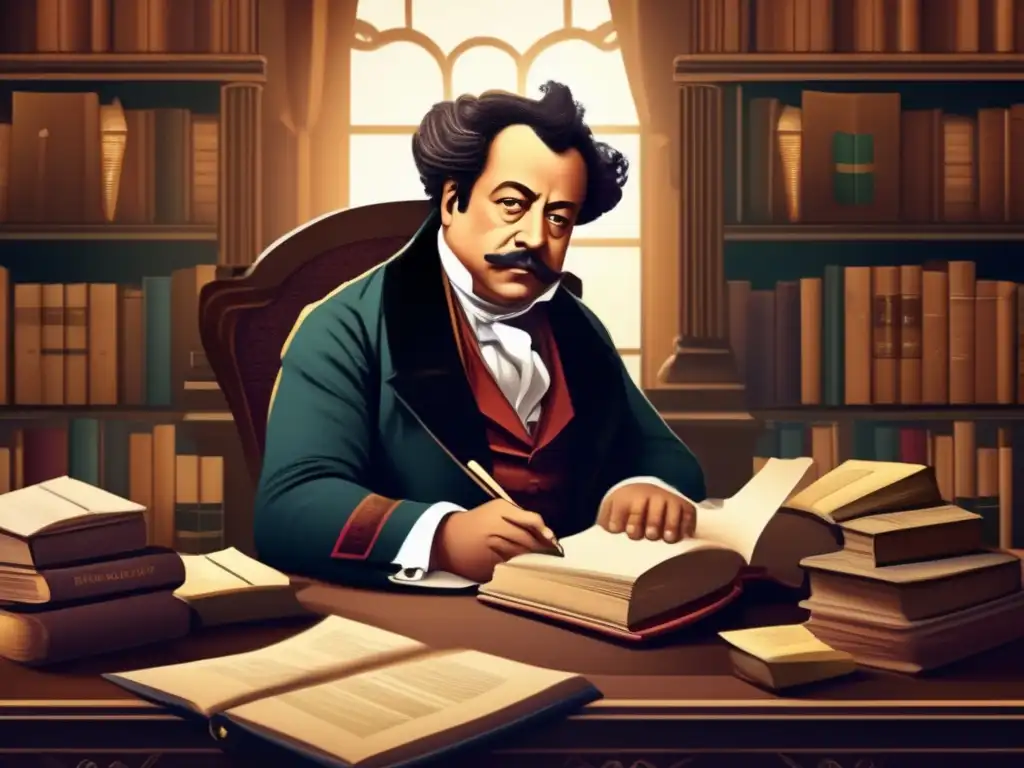 En una ilustración digital de alta resolución, vemos a Alexandre Dumas sentado en un imponente escritorio rodeado de montones de libros y papeles