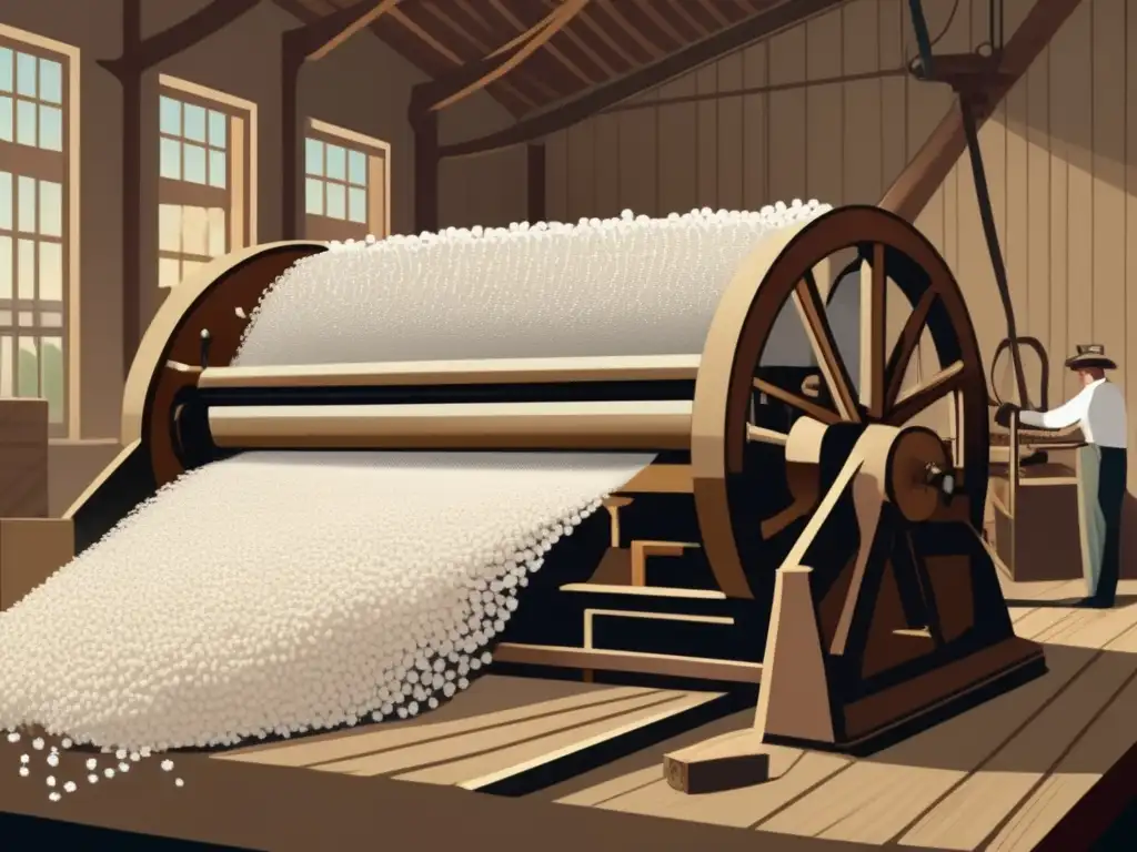 Una ilustración digital de alta resolución muestra la transformación económica de la máquina de algodón de Eli Whitney en operación, con detalles intrincados que resaltan los mecanismos internos y el impacto revolucionario en la industria algodonera