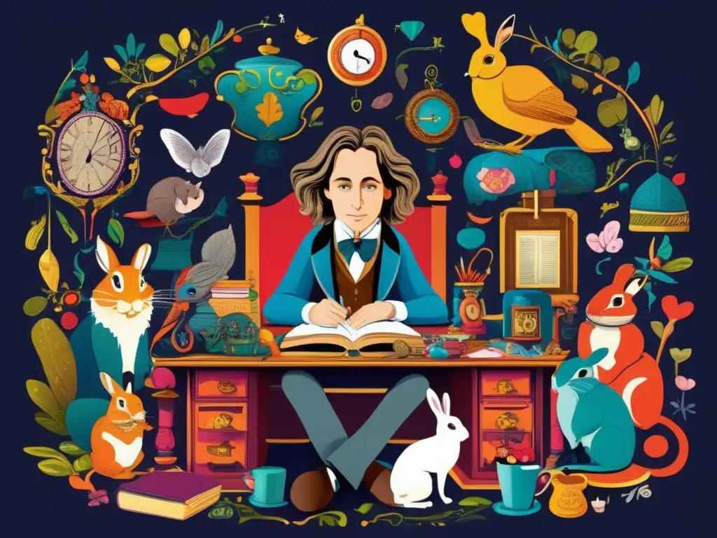 Una ilustración digital de alta resolución muestra a Lewis Carroll en su escritorio rodeado de personajes y objetos fantásticos