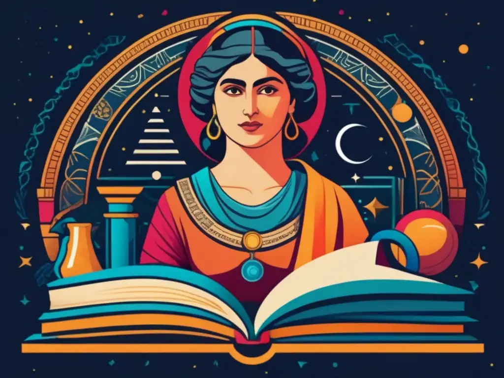Una ilustración digital de alta resolución en estilo moderno de Hipatia de Alejandría, rodeada de textos científicos y filosóficos antiguos con un toque contemporáneo