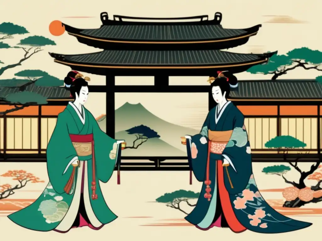 - Ilustración digital de alta resolución de 'La Historia de Genji' en estilo japonés tradicional - - Una ilustración digital de alta resolución en estilo moderno, representando escenas de 'La Historia de Genji'