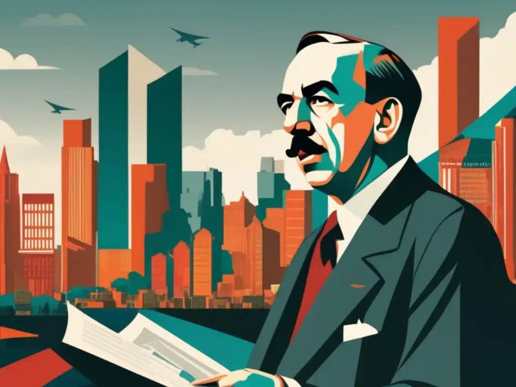 Una ilustración digital de alta resolución en estilo moderno muestra a John Maynard Keynes dando un poderoso discurso sobre políticas económicas, con una ciudad bulliciosa de fondo y un gráfico de crecimiento económico