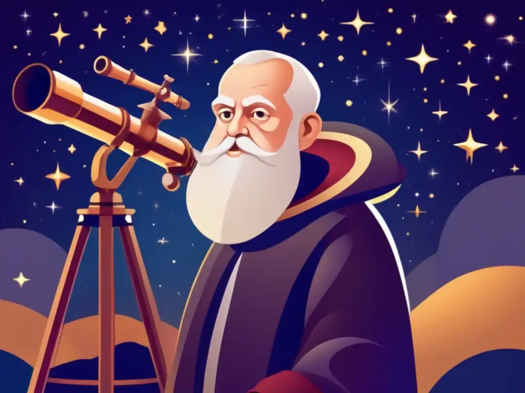 Un ilustración digital de alta resolución muestra a Galileo Galilei junto a un telescopio, con un cielo nocturno estrellado de fondo