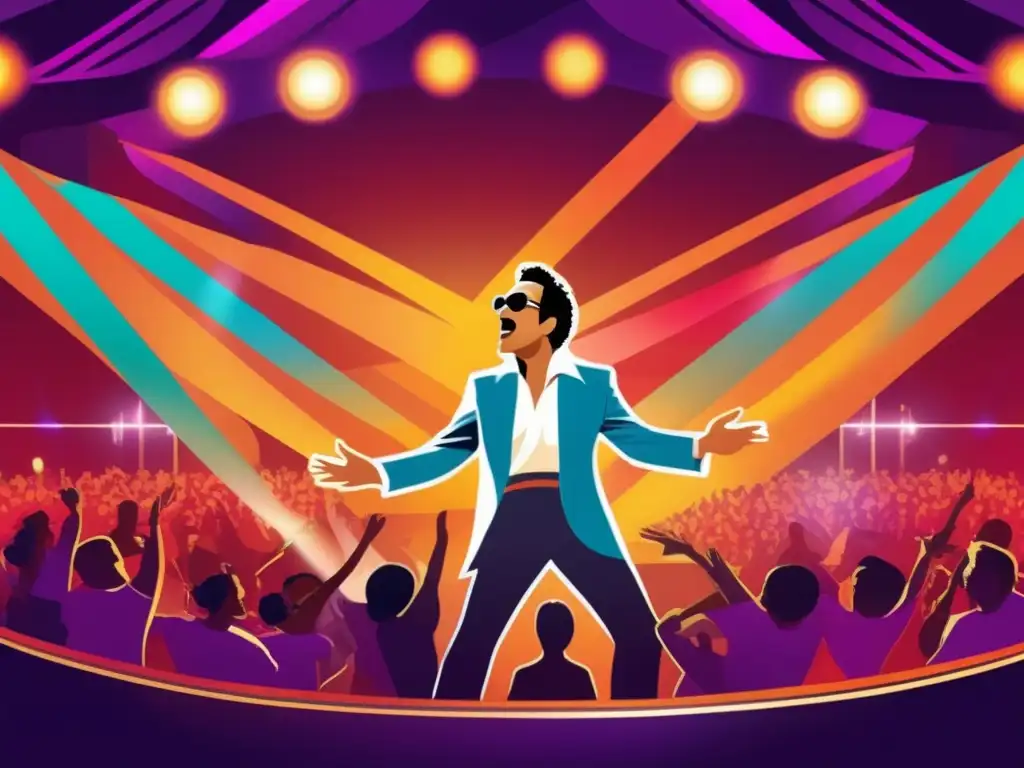 Una ilustración digital de alta resolución muestra a Héctor Lavoe en el escenario, rodeado de una multitud dinámica y luces vibrantes