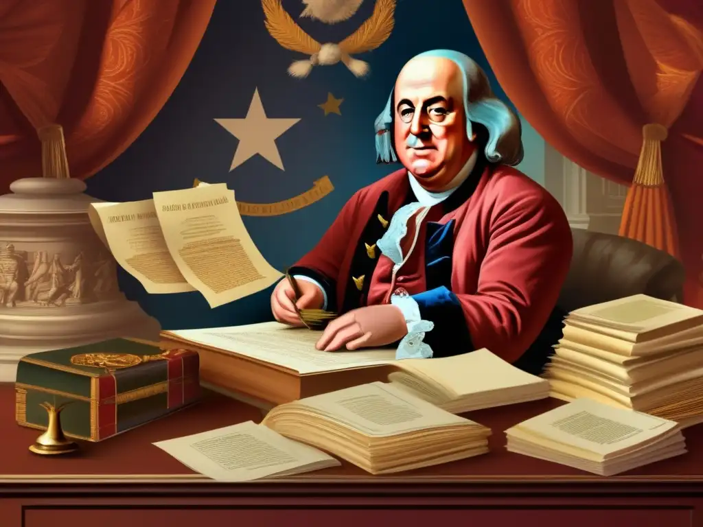 Una ilustración digital de alta resolución muestra a Benjamin Franklin inmerso en actividades políticas y diplomáticas del siglo XVIII