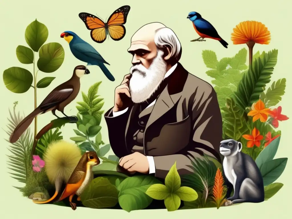 Una ilustración digital de alta resolución muestra a Charles Darwin inmerso en sus pensamientos, rodeado de especies vegetales y animales
