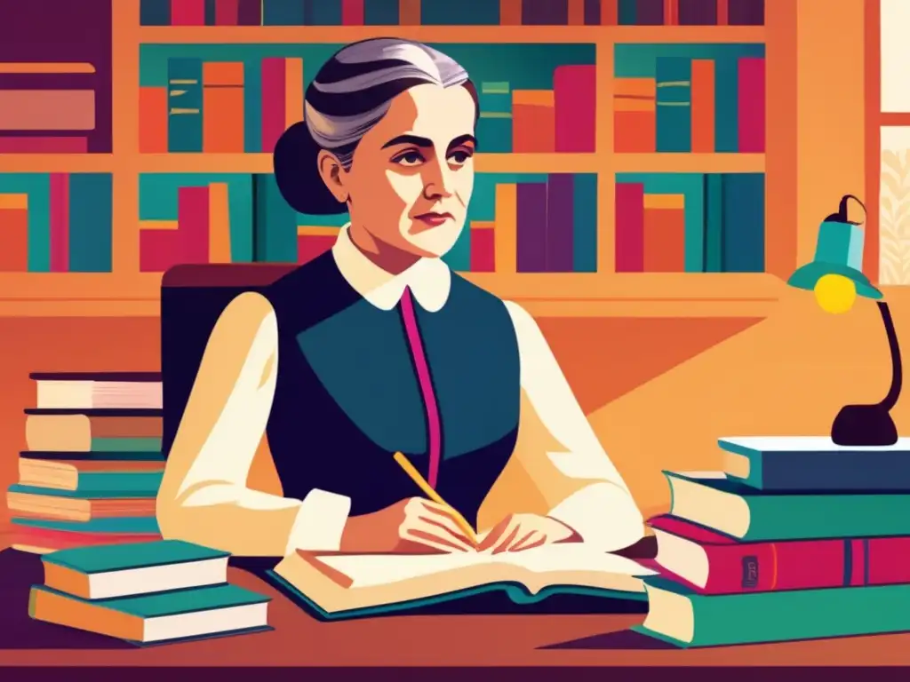 Una ilustración digital de alta resolución muestra a la joven Jane Addams inmersa en una conversación profunda rodeada de libros en un aula, capturando su curiosidad intelectual y su futura labor de activismo social