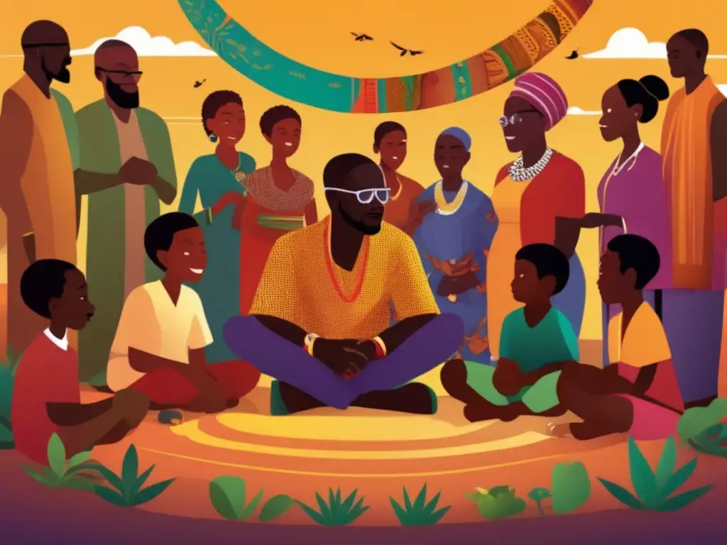 Un ilustración digital de alta resolución muestra a un joven Birago Diop inmerso en la narrativa africana, rodeado de ancianos y miembros de la comunidad, con colores vibrantes y detalles intrincados que capturan la rica tradición oral africana