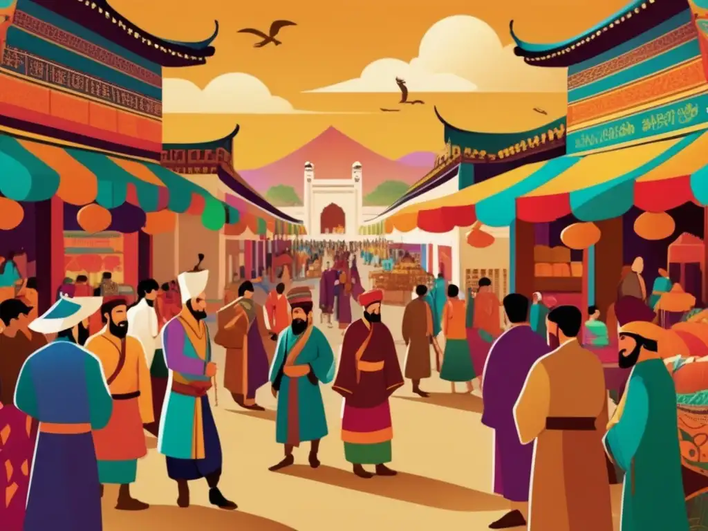 Una ilustración digital de alta resolución muestra a Marco Polo en un bullicioso mercado de la Ruta de la Seda, con colores vibrantes y una variedad de culturas y bienes