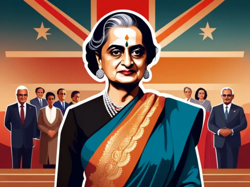 La ilustración digital de alta resolución muestra a Indira Gandhi en un papel destacado en la política mundial, rodeada de líderes y diplomáticos
