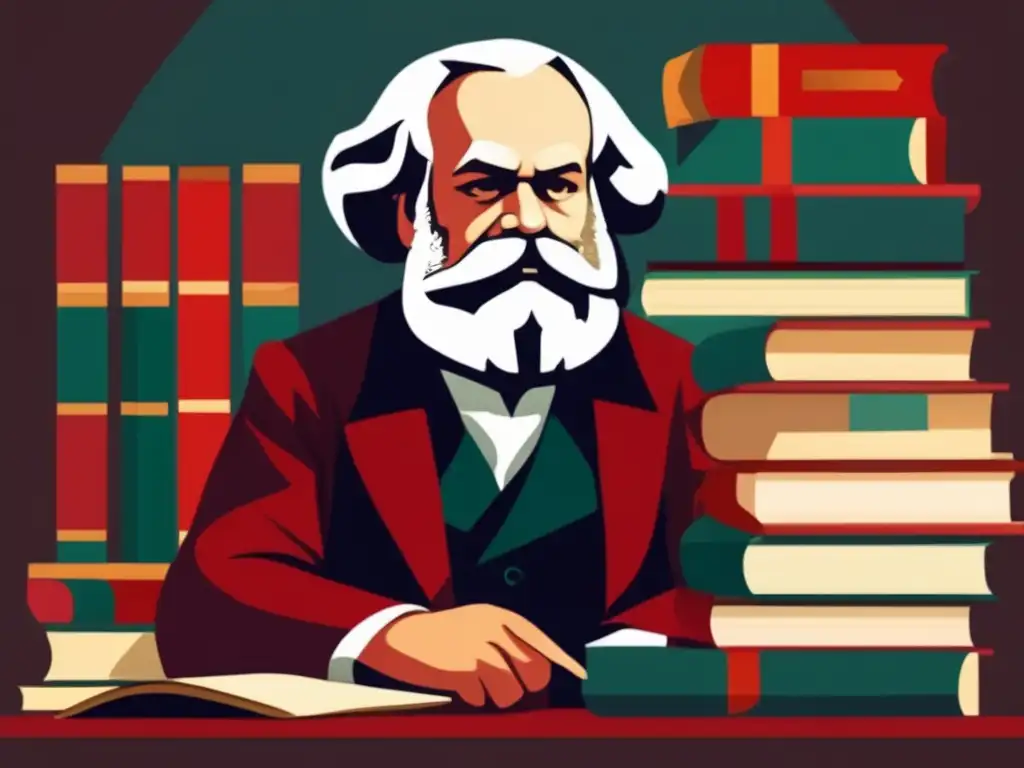 Una ilustración digital de alta resolución muestra a Karl Marx profundamente pensativo, rodeado de libros y papeles, con una mirada decidida