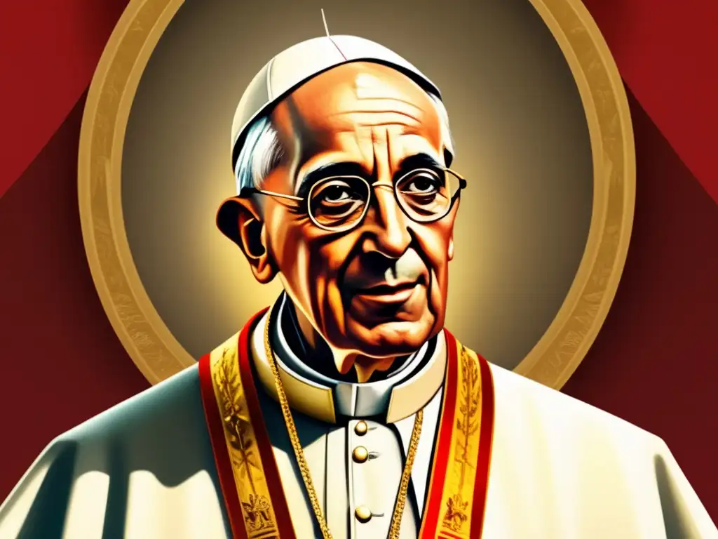 Un retrato emotivo de Pío XII: pasado turbulento, futuro esperanzador La ilustración digital de alta resolución muestra al Papa Pío XII en su regalia papal, frente a un trasfondo que transita desde la turbulencia de la Segunda Guerra Mundial hacia un futuro pacífico y esperanzador