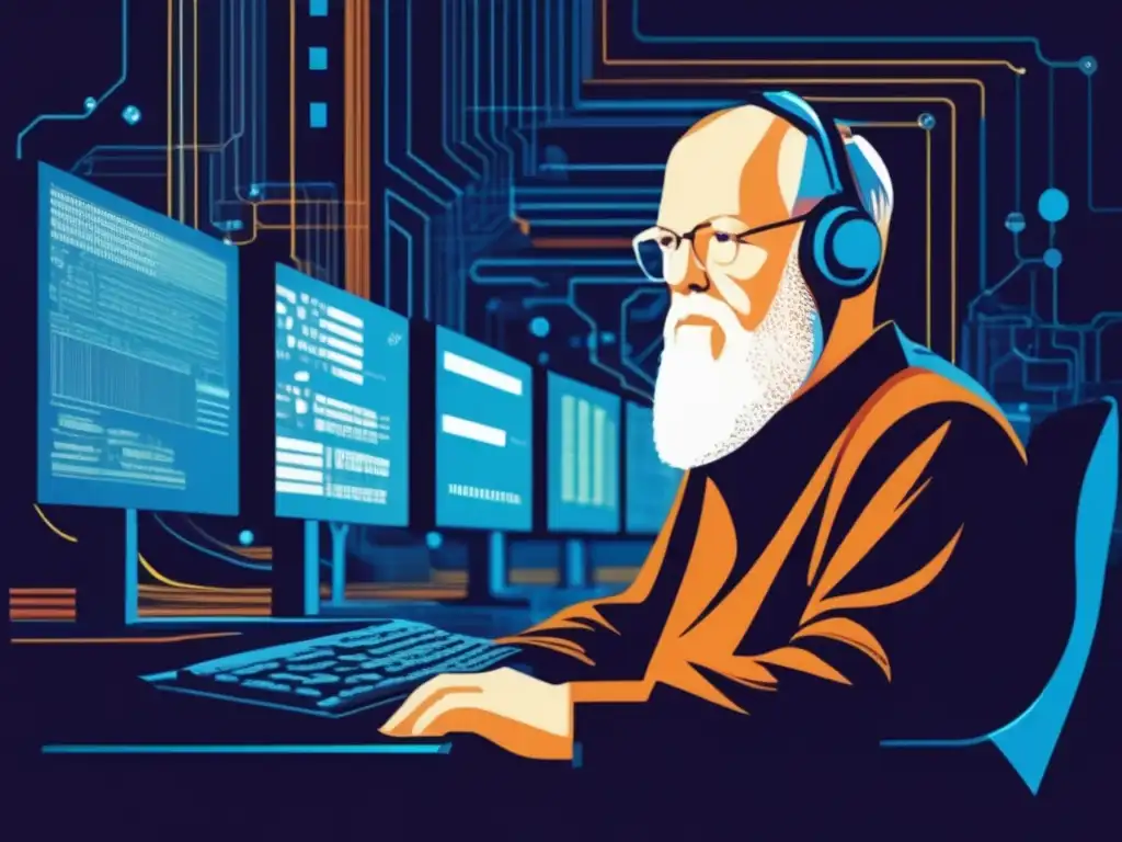 Dennis Ritchie en ilustración digital de alta resolución, rodeado de líneas de código y elementos tecnológicos