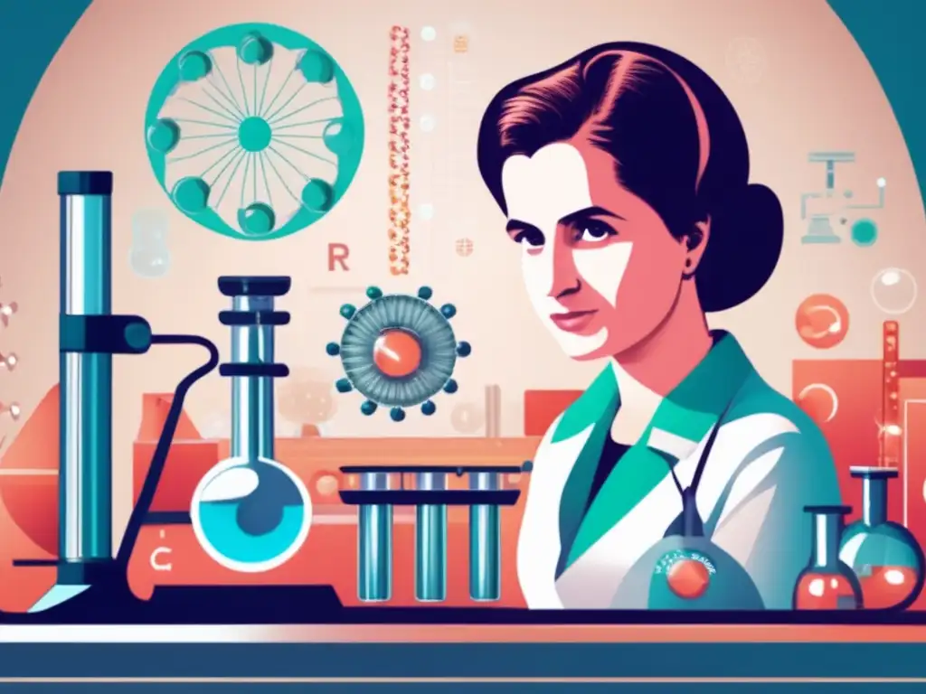 Una ilustración digital de alta resolución muestra a Rosalind Franklin trabajando en un laboratorio, rodeada de equipo científico y modelos de la doble hélice de ADN