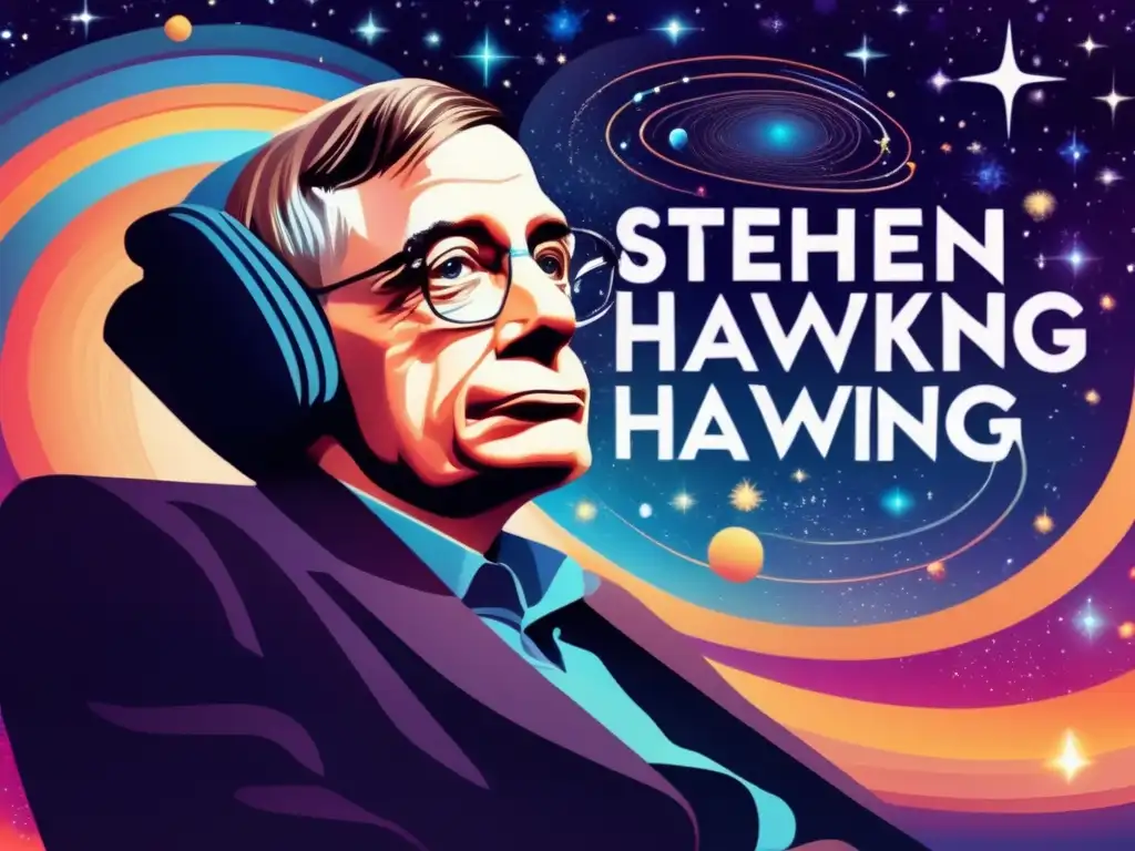Una ilustración digital de alta resolución que muestra la silueta de Stephen Hawking sobre un fondo de galaxias en remolino y fenómenos cósmicos