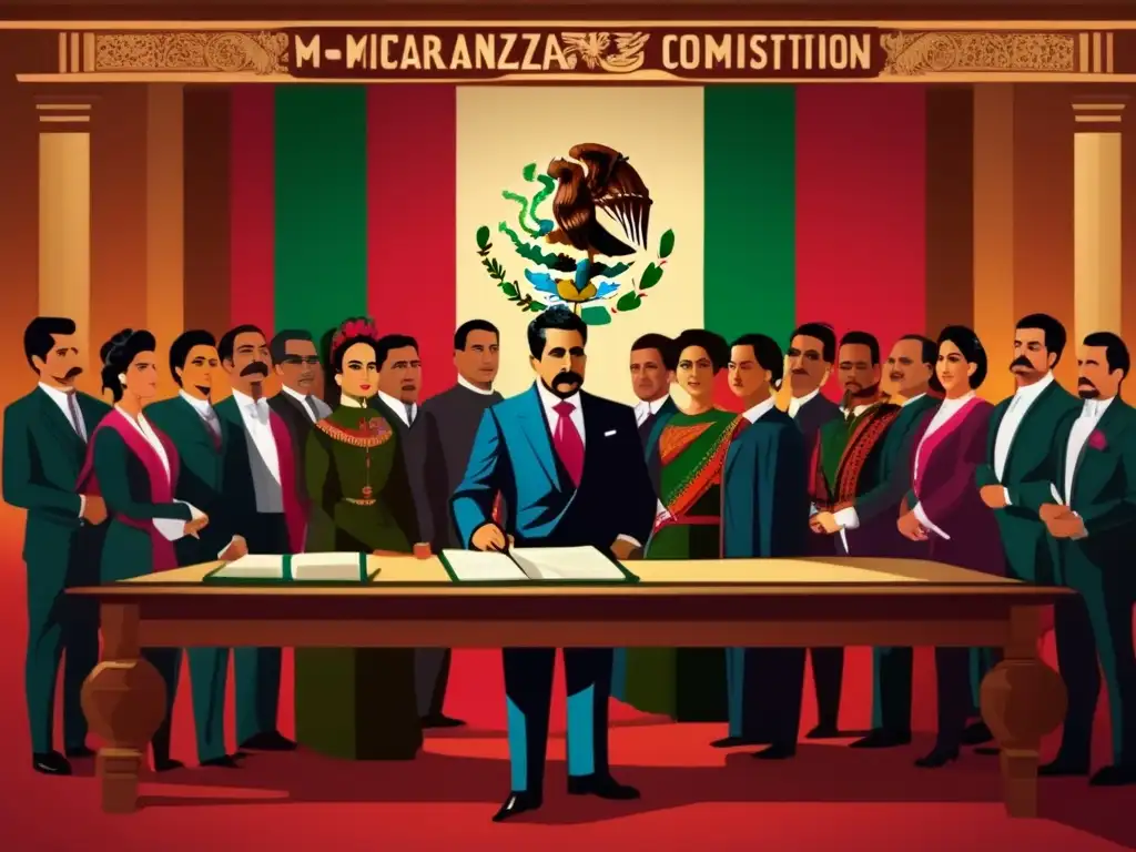 Una ilustración digital de alta resolución muestra a Venustiano Carranza firmando la Constitución Mexicana, rodeado de delegados