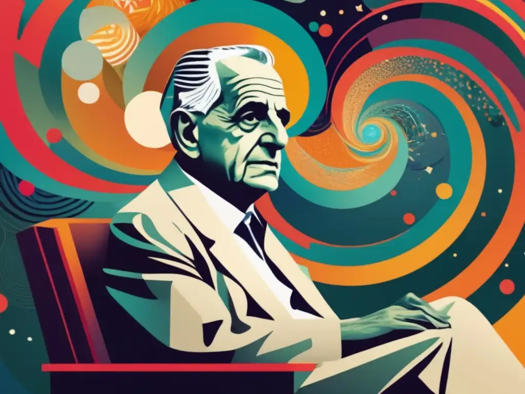 Una ilustración digital de Sir Karl Popper rodeado de representaciones abstractas de teorías científicas