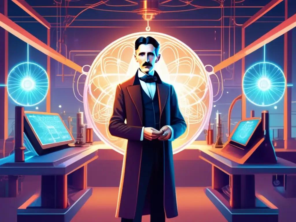 En la ilustración digital, Nikola Tesla está rodeado de tecnología futurista y un aura de energía, con destellos de electricidad