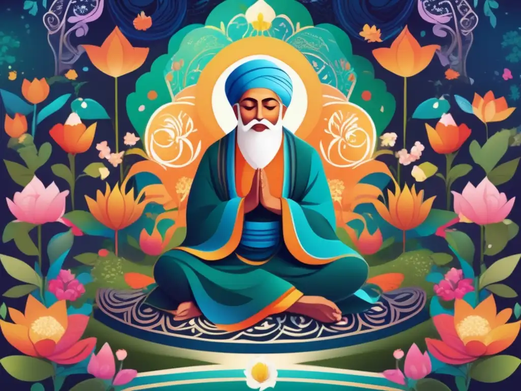 Ilustración digital de Rumi en un jardín radiante, rodeado de patrones y diseños geométricos