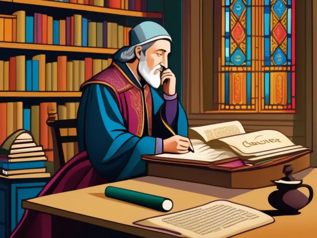 En la ilustración digital, Chaucer está sentado en un escritorio, rodeado de pergamino y plumas, con una expresión contemplativa
