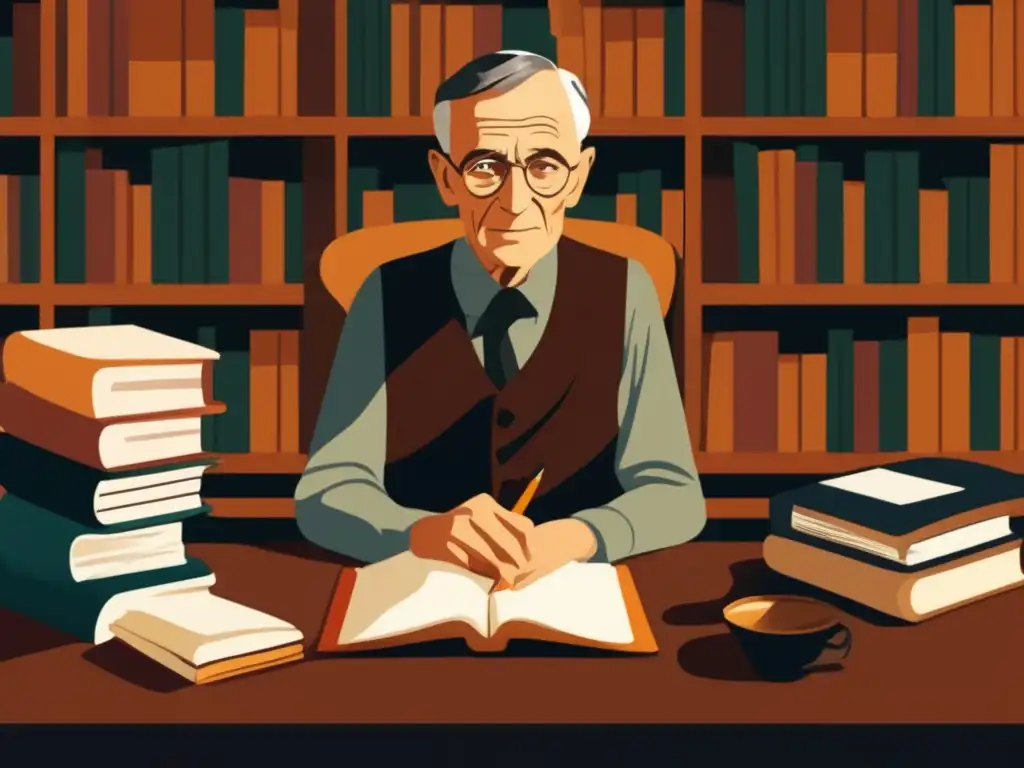 En la ilustración digital de alta resolución, Herman Hesse está sentado en un escritorio, rodeado de libros, con una expresión contemplativa