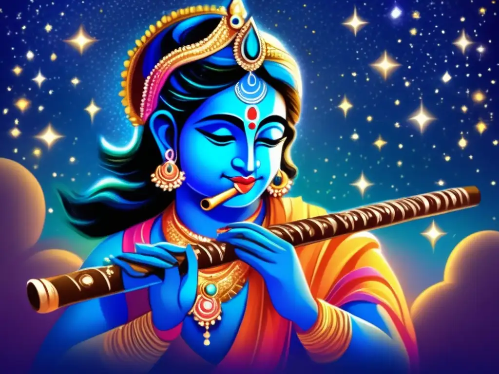 Una representación digital serena de Krishna, el Dios amoroso, influencia Bhakti, tocando la flauta bajo un cielo estrellado