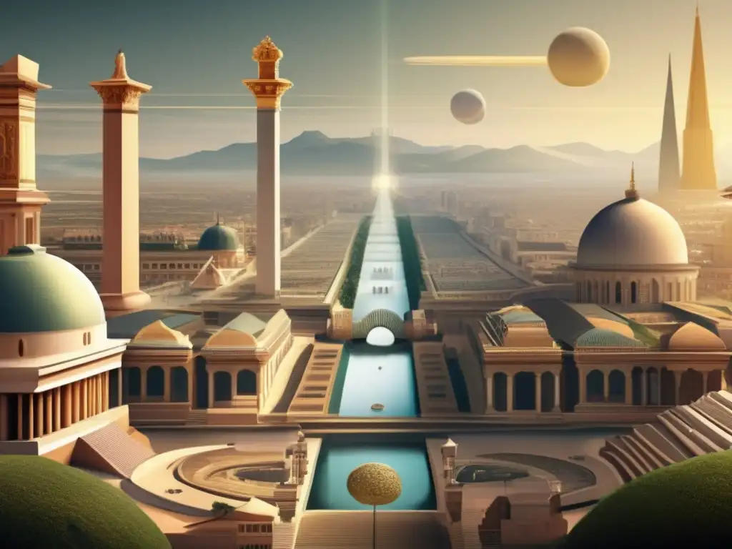 Una ilustración digital de las teorías de Giambattista Vico sobre el desarrollo de civilizaciones, con una ciudad futurista que se fusiona con elementos arquitectónicos antiguos