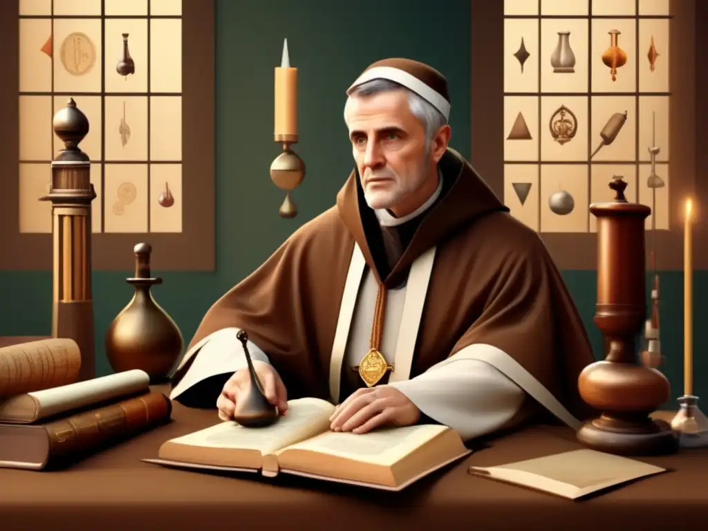 Ilustración digital de Roger Bacon en una túnica franciscana, rodeado de instrumentos científicos y manuscritos, con expresión contemplativa