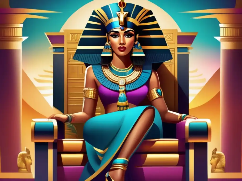 Una ilustración digital de alta resolución de Cleopatra, la última faraona de Egipto, sentada en su trono como símbolo de poder e influencia