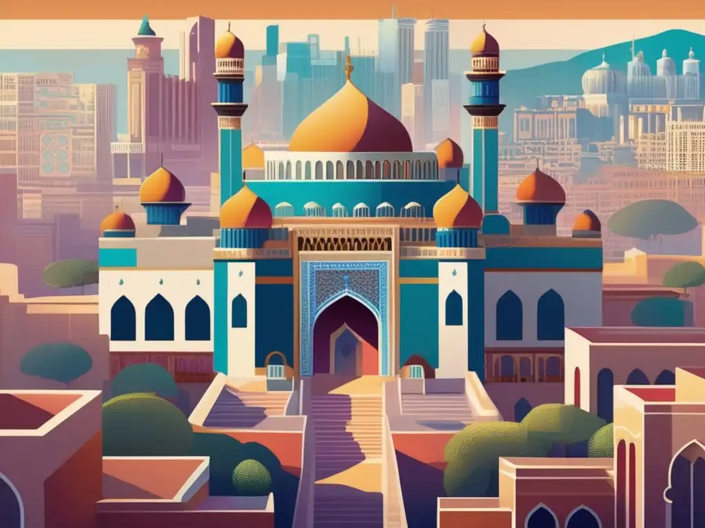 Una ilustración digital vibrante de un antiguo palacio morisco en contraste con la vida urbana moderna