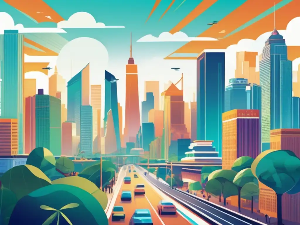Una ilustración digital vibrante de una bulliciosa ciudad con rascacielos que se elevan hacia el cielo, mostrando detalles intrincados de la vida urbana y la arquitectura diversa