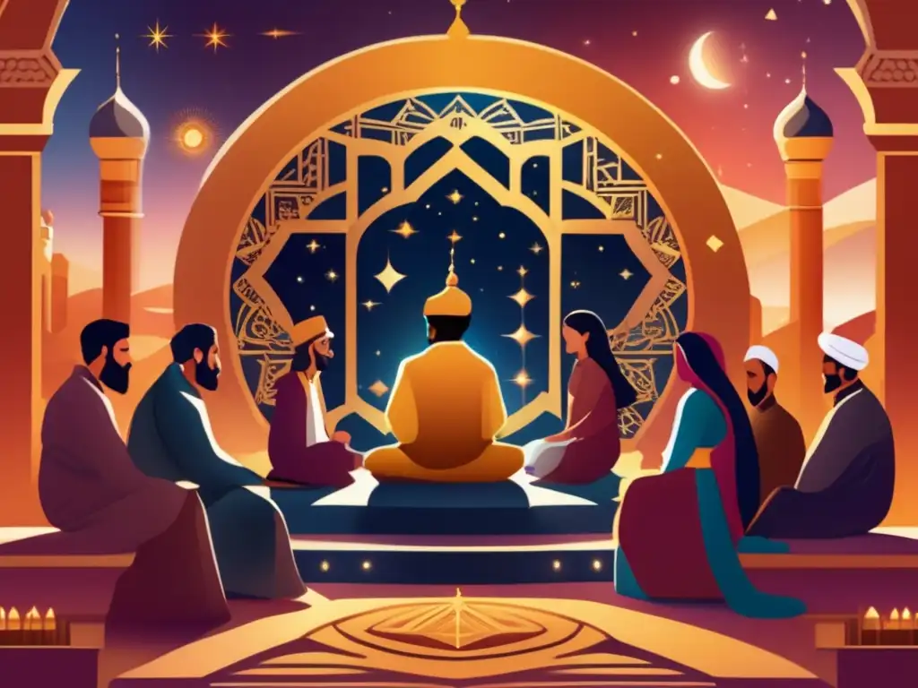 En una ilustración digital vibrante, Califa AlMa'mun preside un trono majestuoso, rodeado de eruditos y astrónomos, con patrones geométricos islámicos adornando la arquitectura