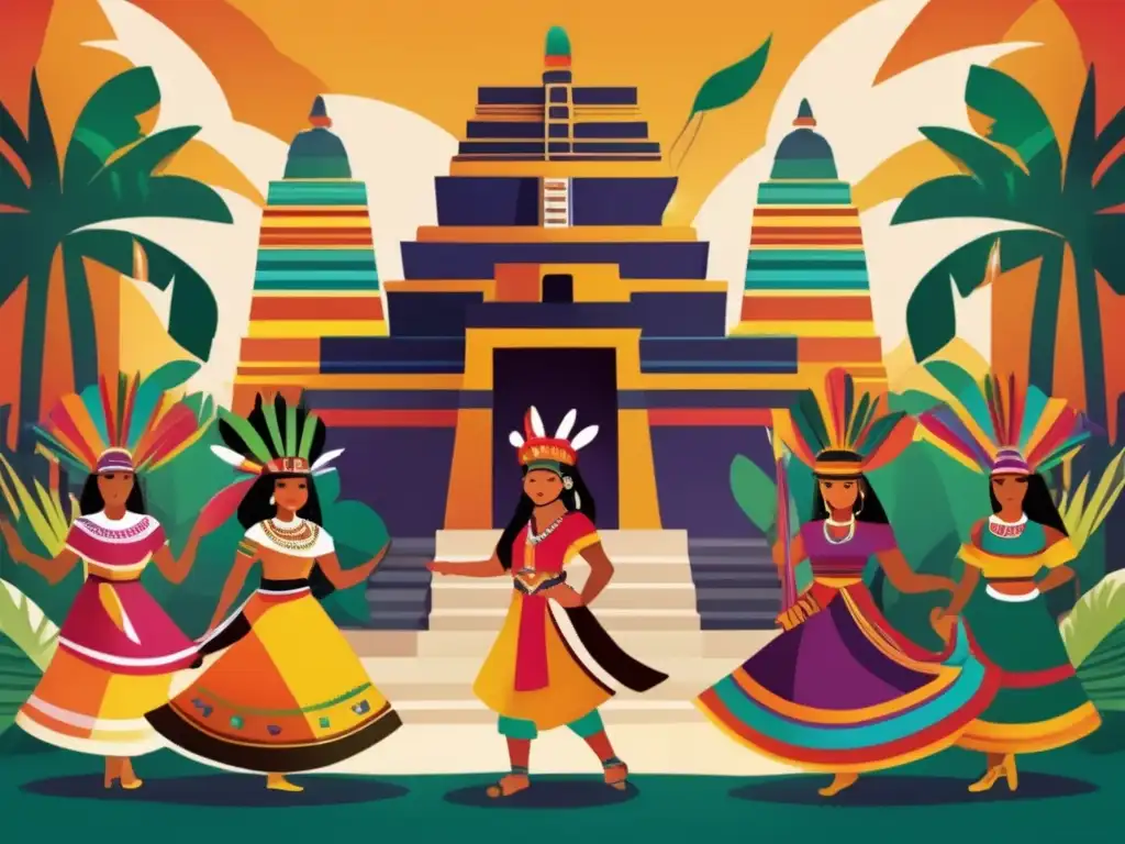 Una ilustración digital vibrante de una celebración mesoamericana que fusiona tradiciones indígenas con influencias de la conquista española